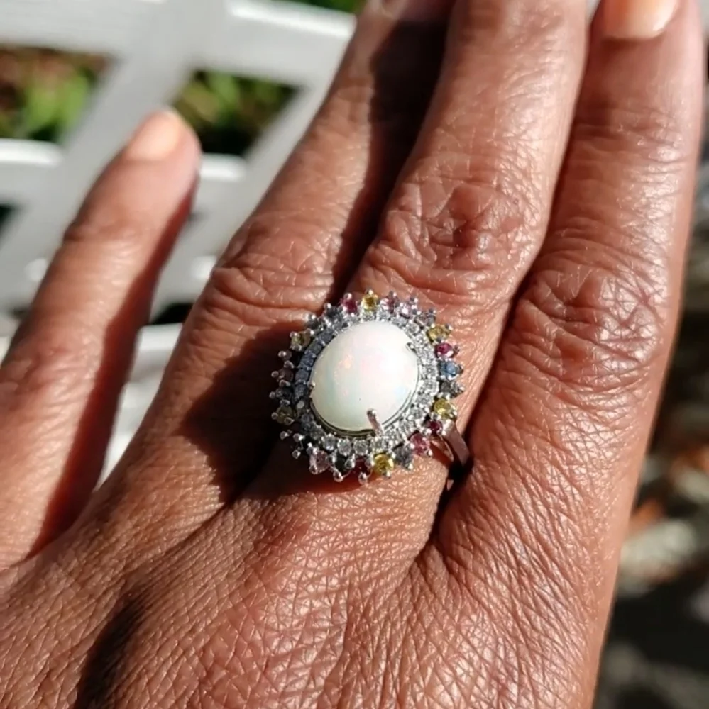 Ethiopian Welo opal, multi Sapphire, & Zircon Halo Cocktail Ring Platinum Plated